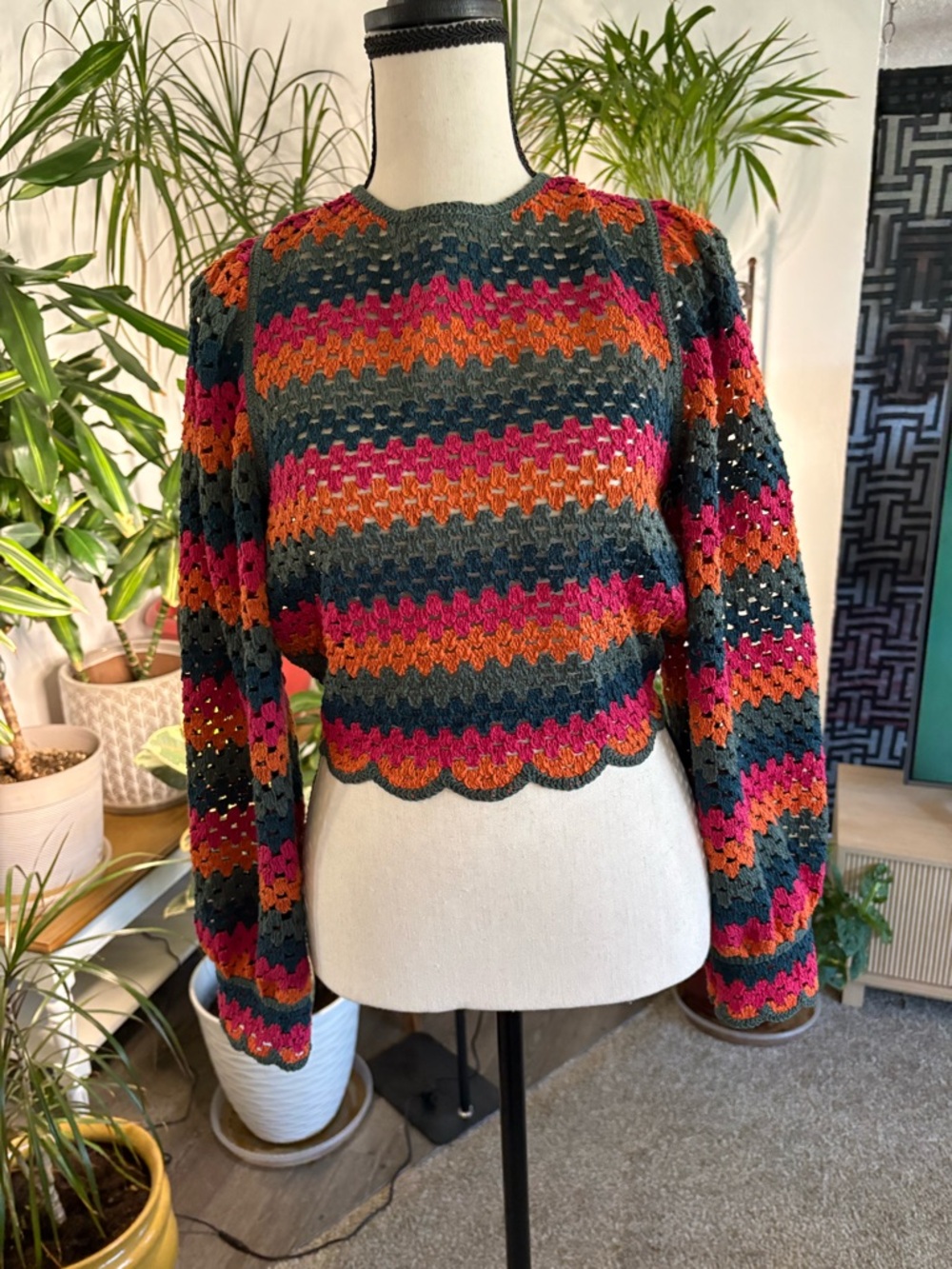 Zara Eyelet Striped Crewneck Sweater in Dark Green, Pink & Orange